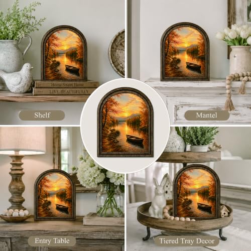 Autumn Lake Arched Decor, Rustic Landscape Table Sign - color: Autumn Lake Sunset