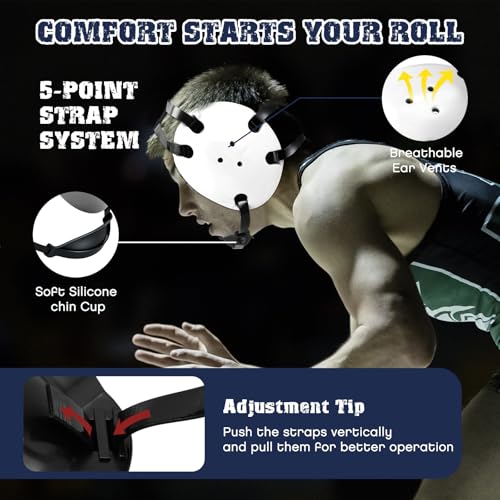 Halloscume Kids Wrestling Headgear with Adjustable Ear Guard Straps MMA Jiu Jitsu Grappling Protective Headgear for Youth Adults Men Women Comfortable Training & Tournament - color: White/Black