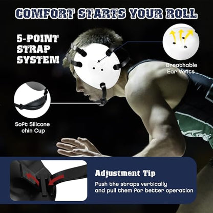 Halloscume Kids Wrestling Headgear with Adjustable Ear Guard Straps MMA Jiu Jitsu Grappling Protective Headgear for Youth Adults Men Women Comfortable Training & Tournament - color: White/Black