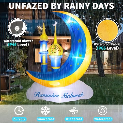 5FT Ramadan Decorations Inflatable Outdoor, Ramadan Mubarak & Eid Mubarak Moon Cloud Star Mosque Decor with Built-in LED Lights, Muslim Islamic Blow Up for Home Yard Garden Party Lawn - style: 5FT Ramadan Mosque Moon