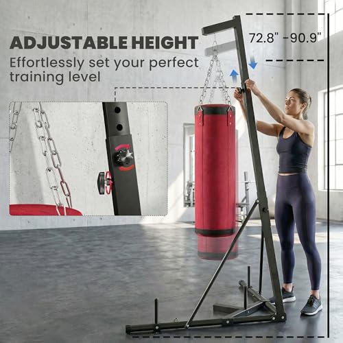 Soozier Punching Bag with Stand for Adults, 72.8"-90.9" Height Adjustable Freestanding Boxing Stand with Canvas Sandbag, Stable Triangular Base and 1" Weight Plate Storage for Home Gym MMA - color: Red