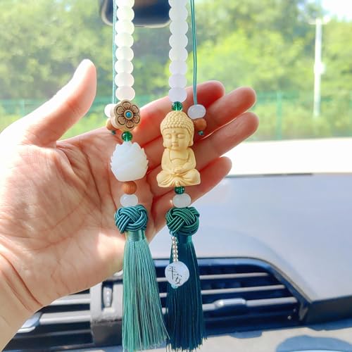 Buddha 백미러 액세서리 걸이용 참, 태슬이 있는 연민의 보살 자동차 걸이 장식, 여성/남성을 위한 귀여운 자동차 액세서리, Fo Bao Ping an - color: 초록색.