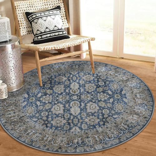 KOZYFLY Vintage Circle Rug 3Ft Washable Kitchen Round Rug Blue - color: Blue, size: 3' (Round)