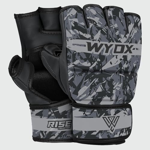 WYOX MMA Gloves & Boxing Focus Mitts Set – Hybrid Open Palm Grappling Gloves with Wrist Support + Curved Punching Pads with Gel Shock for Muay Thai, Kickboxing, Karate Training (Men & Women)