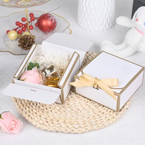 WLUSEAXI 12Pack Small Gift Boxes with Lids, 4.5''x4.5''x2'' Small Boxes for Gifts with Ribbons, White Gift Boxes for Present, Birthday, Valentine's Day, Mother's Day, Holiday - color: White