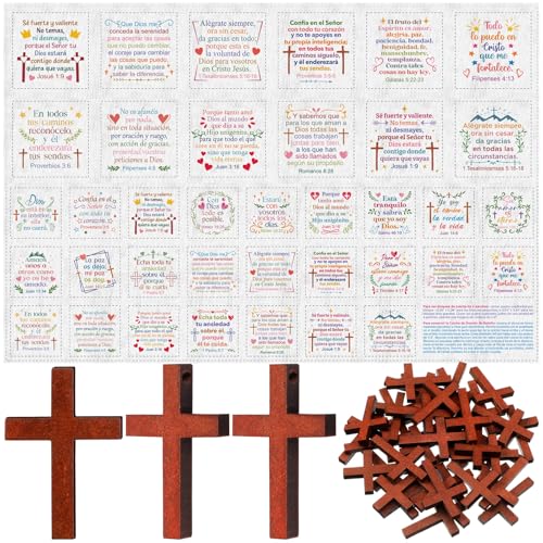 38 Sets Pocket Prayer Quilt Kits with Wooden Crosses, Mini Prayer Cloth Squares for Sunday School Rewards, Church Giveaways, Baptism Favors, Women Bible Study Religious Gifts(Spanish,Brown) - color: Brown, style: Spanish