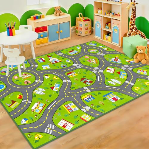 Car Rug, Kids Play Mat for Floor Green Educational Learning Track Road Rugs for Kids Room Preschool Bedroom Playroom Decor Mat, 2.5 x 4 Feet - color: Multi 127 Green, size: 2'6" x 4' (Rectangular)