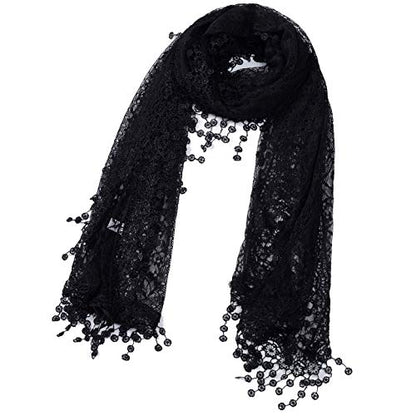 Cindy & Wendy Lightweight Soft Leaf Lace Fringe Scarf Bridal Shawl for Women - color: Black-2