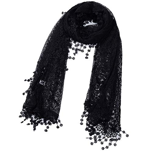 Cindy & Wendy Lightweight Soft Leaf Lace Fringe Scarf Bridal Shawl for Women - color: Black-2