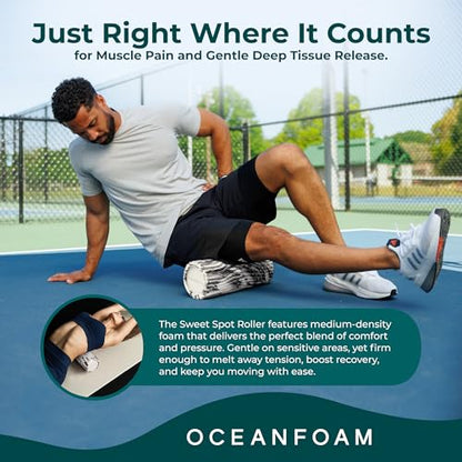 Oceanfoam Sweet Spot Medium Exercise Foam Roller 14"x5.5" – Medium Density Travel Foam Roller for Physical Therapy, Deep Tissue Massage, Yoga, Pilates, Classic Exclusive Wave Texture (Black Marbled)