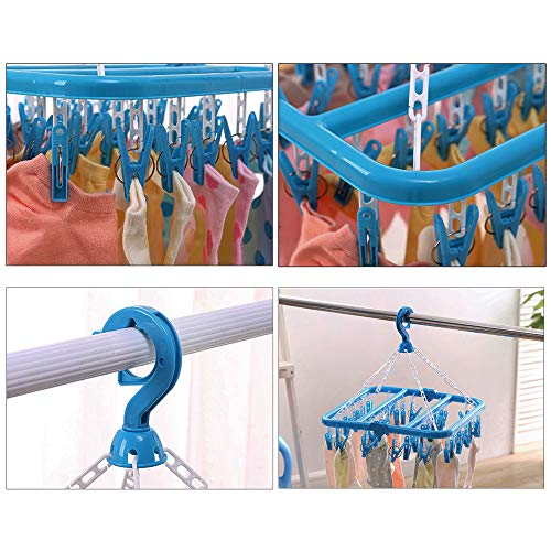 SteelFever Clothes Drying Hanger with 32 Clips, Foldable Hanging Drying Rack for Clothes Underwear Socks (Blue) - color: Blue