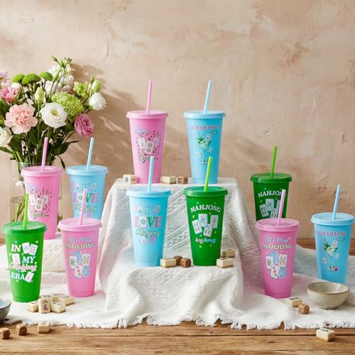 Chuangdi 12 Pcs Mahjong Cups 24 oz for Mahjong-themed Party Supplies | Mahjong Tumblers with Lids and Straws for Game Night, Mahjong Gifts for Women, Mah Jong Birthday Party Decorations - style: Mahjong
