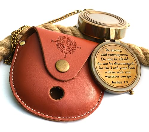 Be Strong and Courageous (Joshua 1:9) Brass Compass with wooden Box-Engraved Scripture Prayer Compass Religious Gift for Men & Women - Baptism, Confirmation, Communion Compass for Boys Graduation Gift - style: #1 Be Strong and Courageous Compass (Joshua 1