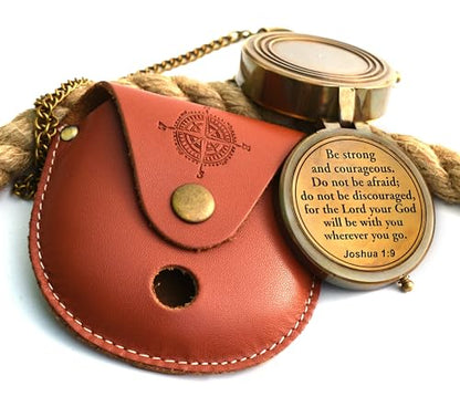 Be Strong and Courageous (Joshua 1:9) Brass Compass with wooden Box-Engraved Scripture Prayer Compass Religious Gift for Men & Women - Baptism, Confirmation, Communion Compass for Boys Graduation Gift - style: #1 Be Strong and Courageous Compass (Joshua 1