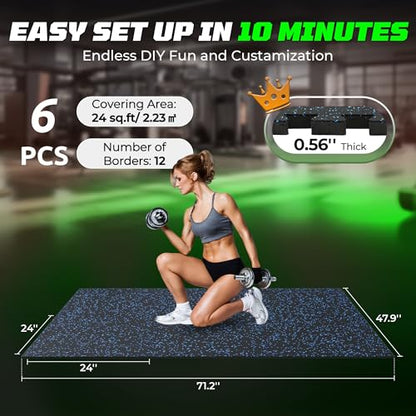 PRAISUN 0.56" Rubber Top Gym Flooring, Heavy Duty Interlocking Gym Mats for Home Gym, Non-Slip Workout Mat, 24 x 24in Large Gym Floor Mat, Protect Floors from Weights & Equipment, 24 Sq Ft, Black/Blue - size: 6 Tiles (24 Sq Ft)