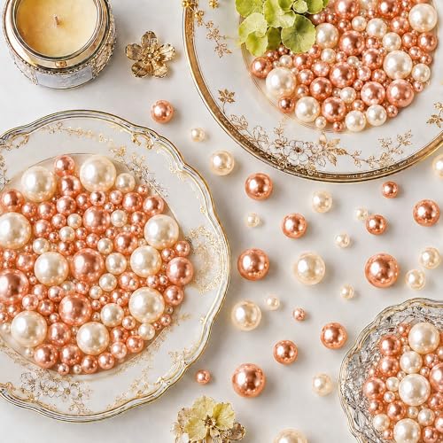 UDU 200 Pcs Vase Filler Pearl Beads No Hole Faux Polish Pearls for Centerpieces Vases Beads for vases Home Birthday Wedding Party Table Decor (White and Rosegold) - color: White and Rosegold