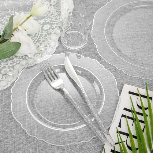 Liacere 150PCS Clear Silver Plastic Plates & Disposable Silver Plastic Silverware with Glitter Bamboo Handle Cutlery-Baroque Clear Disposable Plates for Wedding & Party - color: Silver, size: Baroque Style