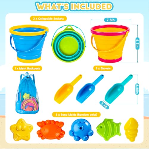 MGparty Collapsible Beach Toys Set for Kids, 3 Pack Foldable Sand Buckets with Shovels Molds Mesh Bag, Portable Travel Sandbox Toys for Toddlers Kids Age 3-10