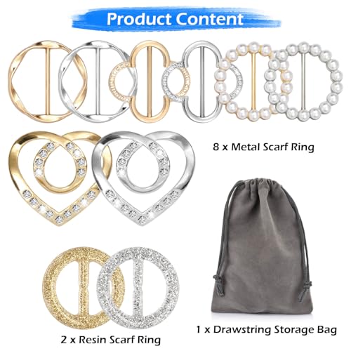 10 PCS Scarf Rings for Women, T-Shirt Tie Clips with 1 Storage Bag, Pearl Belt Buckles, Dress Cinch Clip, Silk Scarf Ring, Pearl/Heart-Shaped Buckles For Clothes Hat Belt Decor