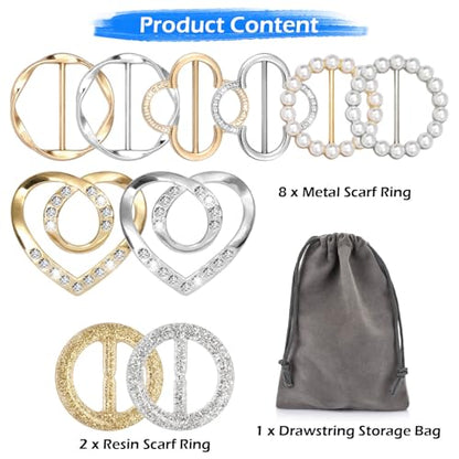 10 PCS Scarf Rings for Women, T-Shirt Tie Clips with 1 Storage Bag, Pearl Belt Buckles, Dress Cinch Clip, Silk Scarf Ring, Pearl/Heart-Shaped Buckles For Clothes Hat Belt Decor