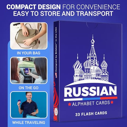 Briston Russian Alphabet Flash Cards – Learn Cyrillic Letters with Pronunciation & Transliteration – Educational Language Learning Flashcards for Kids & Adults, 33 Cards + Alphabet Chart