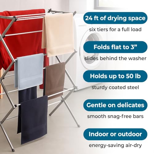 Honey-Can-Do 6-Tier Collapsible Steel Clothes Drying Rack, 24 ft, White | 6-tier steel rack with 24 ft of drying space folds flat to 3 in. Coated bars are gentle on delicates; 50 lb capacity. - color: White / Siver, size: 29" W