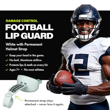 DAMAGE CONTROL Pacifier Football Mouth Guard – Permanent Strap – White | Youth Football Mouthpiece, No Boiling, Breathable Design, Protects Lips & Teeth, Works with Braces - color: White