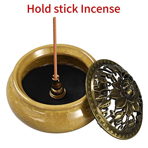 Miupoo Incense Burner and Cone Incense Holder with Brass Incense Stick Holder Ceramic Ash Catcher,Yellow - color: Yellow