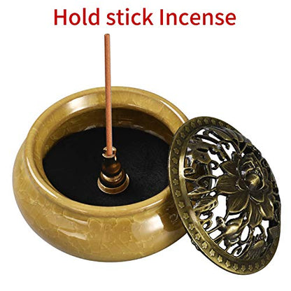 Miupoo Incense Burner and Cone Incense Holder with Brass Incense Stick Holder Ceramic Ash Catcher,Yellow - color: Yellow