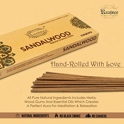 Raajsee Sandalwood Incense Sticks 100 Gm Pack-100% Pure Organic Natural Hand Rolled Free from Chemicals-for Church,Aroma Therapy,Relaxation,Meditation & Sensual Therapy - color: Sandalwood