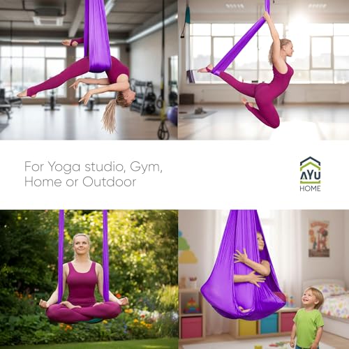 AyuHome Aerial Silks Kit for Home - Premium Yoga Swing for Adults with 660 lbs Capacity - Versatile Aerial Yoga Hammock for Gymnastics Training - color: Aerial silk - Purple New