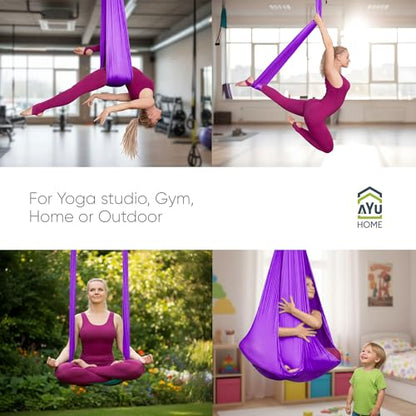 AyuHome Aerial Silks Kit for Home - Premium Yoga Swing for Adults with 660 lbs Capacity - Versatile Aerial Yoga Hammock for Gymnastics Training - color: Aerial silk - Purple New
