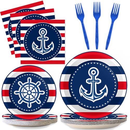 96 Pcs Nautical Anchor Party Plates Napkins Tableware Set Anchor Theme Supplies Disposable Dinnerware Sailor Boat Ship Decoration Favors for Navy Baby Shower Birthday, 24 Guests - style: Nautical Anchor Party