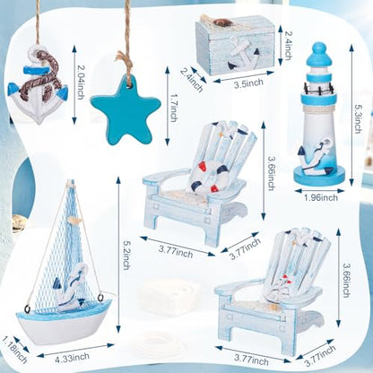 Queekay 7 Pcs Wooden Box Wooden Lighthouse Mini Sailboat Anchor Fish Hanging Starfish Model Spring Summer Easter Tree Ornament Decoration Aquarium Landscape Ornament Mini Garden Landscape (Novelty) - style: Novelty