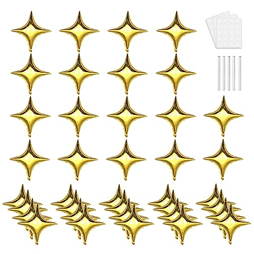 50Pcs 10 Inch Gold Star Foil Balloons Gold Star Shape Mylar Balloon Kit with 60Pcs Balloon Glue Point and 5Pcs Straws for Birthday Baby Shower Engagement Anniversary Wedding Party Decoration - style: Golden Four Point Star Balloons