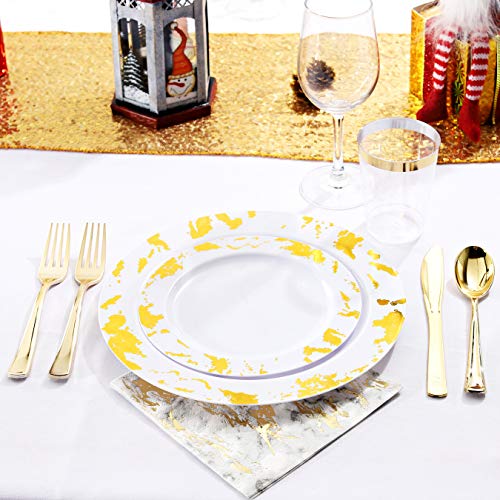 Nervure 175PCS Gold Plastic Plates with Marble Printing & Gold Plastic Silverware:50 Plates, 25 Forks, 25 Knives, 25 Spoons, 25 Cups, 25 Napkins for Thanksgiving & Wedding - color: Gold Marbling