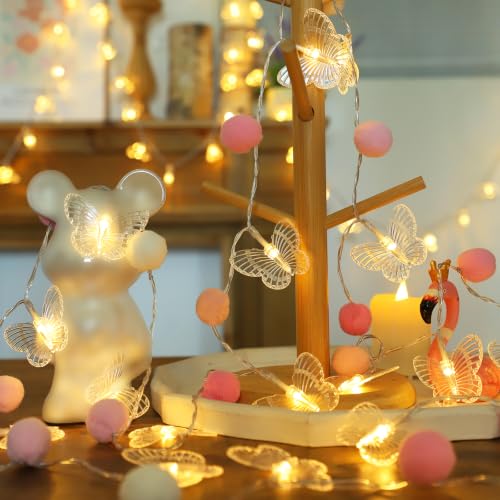ChiRee 9.85FT Butterfly String Lights with Pink Pom Poms - color: Pink-Butterfly