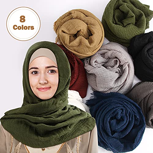 Zhanmai 8 Pcs Women Cotton Hijab Scarf Bulk for All Season Muslim Scarf Shawl Crinkle Hijab Mixed Color - color: Dark Colors