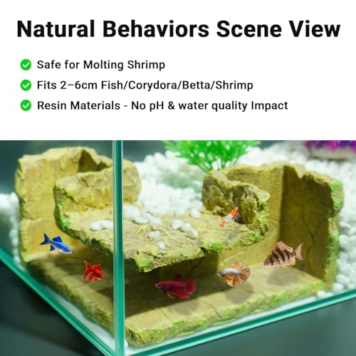 90° Corner Fish Cave Viewing Tunnels | Realistic Rock Formation Hideout for Shrimp, Plecos, Cichlids | BPA-Free Premium Resin, Safe for Aquarium (5.3”x5.3”x2.8”) - style: Rock
