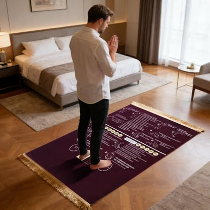 Bilingual Guided Prayer Mat with English Reading & Arabic Recitation Guide, Non-Slip Salah Prayer Mat with Instructions for Prayer Learning, Meditation (Red, 70x110cm)