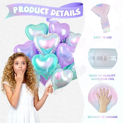Iridescent Heart Balloons, 10PCS Crystal Foil for Mermaid Birthday Party - color: Iridescent Blue Purple