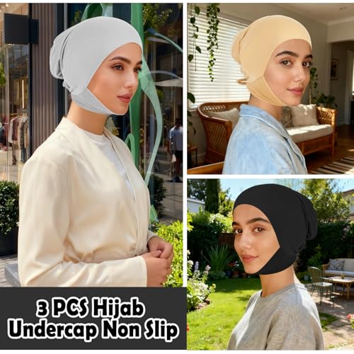 XEPST 3 PCS Hijab Undercap for Women, Islamic Muslim Full Cover Under Hijabcap Milk Silk Fabric Hijab Underscarf Solid Color Adjustable Tie Back Inner Head Scarf Turbans for Women Chemo Cap, C