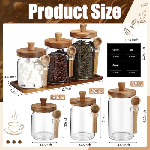 3 Pcs Glass Coffee Container with Wooden Lid Spoon Shelf Labels Clear Airtight Jar Food Storage Canister Set for Sugar Spice Coffee Bean Holder Housewarming Gift(13.5,20,25 oz,Acacia Brown) - size: 13.5,20,25 oz