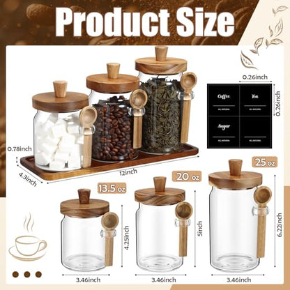 3 Pcs Glass Coffee Container with Wooden Lid Spoon Shelf Labels Clear Airtight Jar Food Storage Canister Set for Sugar Spice Coffee Bean Holder Housewarming Gift(13.5,20,25 oz,Acacia Brown) - size: 13.5,20,25 oz