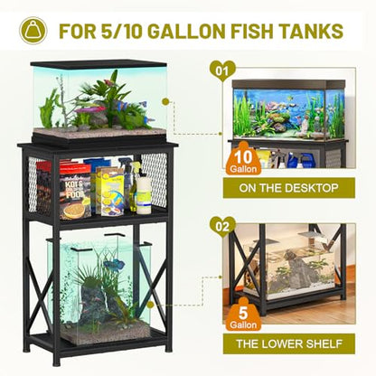 Snughome 10 Gallon Aquarium Stand with Storage, 3 Tier Heavy Metal Fish Tank Stand Shelf 20.47" x 11.42" x 30.91", Black - color: Black, size: 10 Gallon