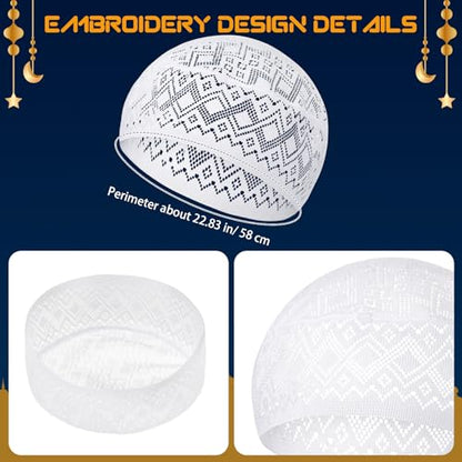 Eid Muslim 기도 Kufi 모자 남성용 기도 모자 모자 이슬람 비니 스컬 캡 자수 코피아 토피 6개 - style: 클래식