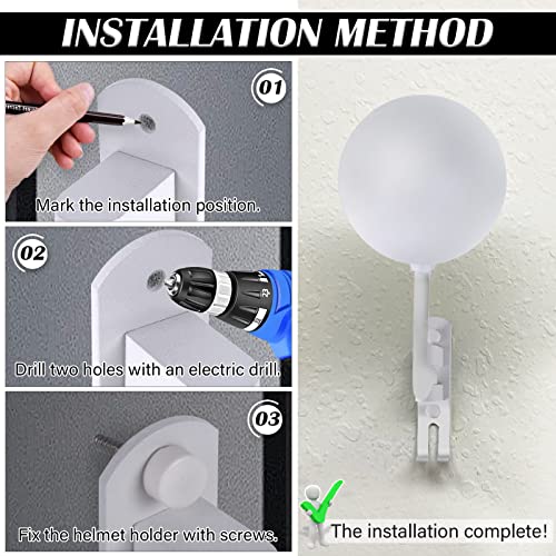Kikerike Motorcycle Helmet Holder Wall Mount 180 Degree Rotation Metal Bike Helmet Rack Mount Bicycle Helmet Display Stand Hanger with 2 Hooks for Motorcycle Bike Baseball Rugby Helmet - White, 2 Pcs - color: White(2PCS)