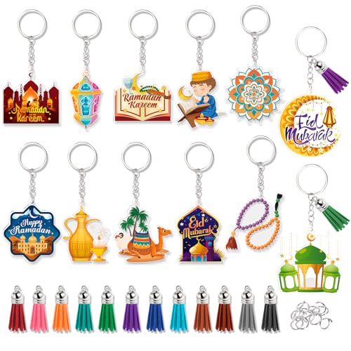 HOWAF 12pcs Eid Ramadan Keychains Set, Eid Mubarak Acrylic Keychain Making Kits with Rings and Tassels, Ramadan Mubarak DIY Craft Keyring for Muslim Celebration Gift Set