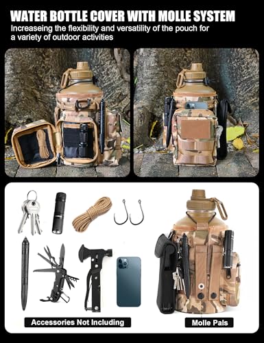 Tactical Half Gallon Water Bottle with Straw, 64 Oz Insulated Water Jug with Molle Water Bottle Holder, Stainless Steel Sport Bottle with 3 BPA Free Lids for Gym Workout Hiking (64oz-Brown) - color: 64oz-Brown