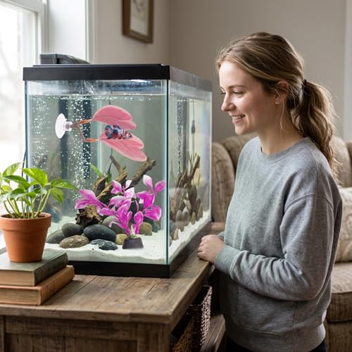 4 PCS Pink Fish Tank Decor, Fish Hammock Resting Leaf, Artificial Underwater Plants Decorations, Set of Two Pink Aquarium Decor with Two Betta Fish Leaves